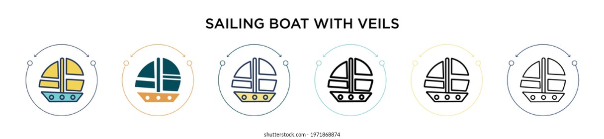 Sailing boat with veils icon in filled, thin line, outline and stroke style. Vector illustration of two colored and black sailing boat with veils vector icons designs can be used for mobile, ui, web