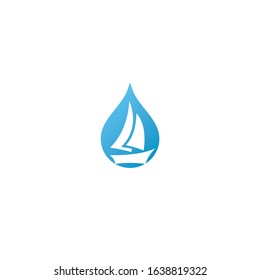 Sailing boat in water drop vector logo.	
