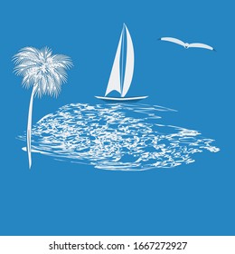 Segelboot, Wellengang, Palme, Seagull - blauer Hintergrund - flacher Stil - Vektorillustration. Fahrt. Touristenausflug. Ferien auf See.