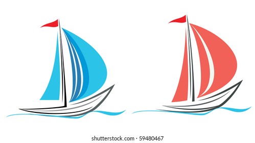 Sailing boat. White sailboat on the blue water. Stylized image of the floating boats with blue or pink sails and red flag. Can be used as symbol of yacht club, marine club, hotel, etc.