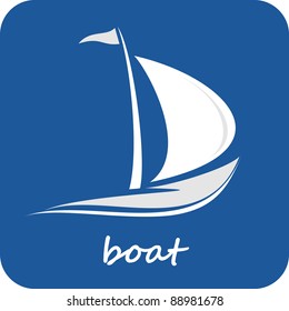 Sailing boat. White sailboat on the blue water. Yacht that sails on the waves. Stylized vector image of the floating boats with blue sails. Can be used as emblem of yacht club, marine club, hotel...