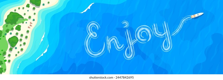 sailing boat yacht  blue sea tropical island top aerial view .enjoy word trail on water surface
summer vacation vector illustration 