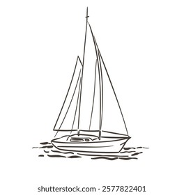 Sailing boat yacht isolated drawing in doodle line art style. Vector illustration of sea boat in ink sketch style for Yacht club placards, posters and other decoration.