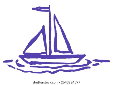 Sailing boat yacht isolated drawing in doodle grunge rough charcoal art style. Vector illustration of sea boat in ink sketch style for Yacht club placards, posters, tshirt emblem and other decoration.