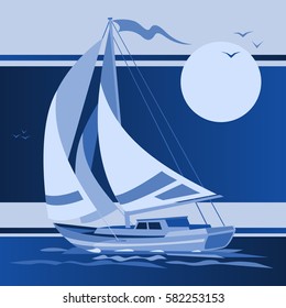 Sailing boat yacht in the night sky vector illustration. Sea and ocean travel element. Sports and holiday template.