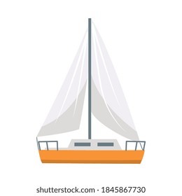 Sailing boat or yacht vessel icon, flat vector illustration isolated on white background. Sea transport and light pleasure ship with sail sign or symbol.