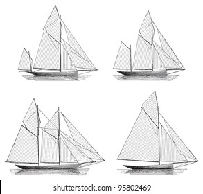 Sailing boat (Yawl - Ketch - Schooner - Sloop) / vintage illustration from Meyers Konversations-Lexikon 1897