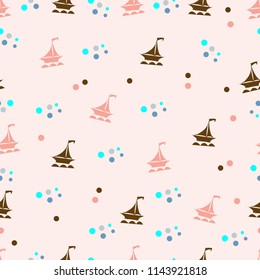 Sailing boats and bubble waves seamless vector illustration pattern for fabric, clothes/accessories, background, textile, wrapping paper and other decoration.