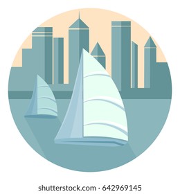 Sailing boats floating in the sea against the background of the city waterfront. Skyscrapers in the style of flat.