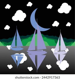 Sailing boats on the background of the night sky. Vector illustration