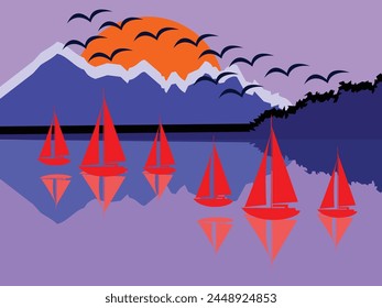 Sailing boats on the lake. Vector illustration in flat style.