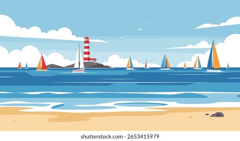 Barcos à vela no oceano com um farol em uma ilha rochosa sob um céu nublado