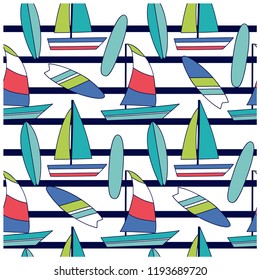 Sailing boats seamless pattern.Surfboard drawing.Summer repeat pattern for kids.Vector illustration design for fashion fabrics, textile graphics, prints, wallpapers and other uses.