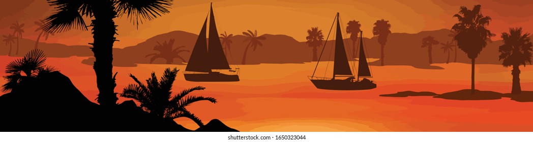 Sailing boats silhouette at the sea on beautiful sunset, vector illustration