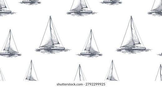 Sailing boats sketches seamless pattern, vector hand drawn background, wallpaper, paper