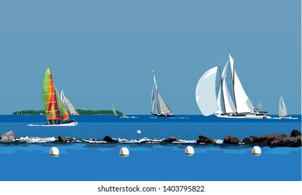 Sailing Boats, Yachts on a Bright Blue Sea with Island in Background and Wave Breaking on Rocks Vector
