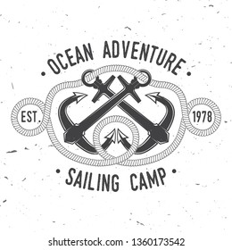 Sailing camp badge. Vector illustration. Concept for shirt, print, stamp or tee. Vintage typography design with black sea anchors and rope knot silhouette. Best Sporting Activity