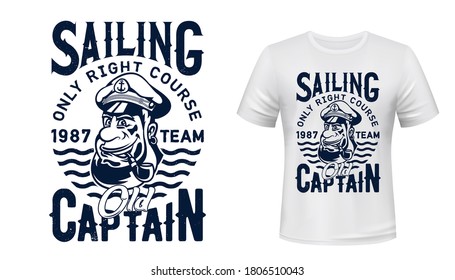 Sailing captain t-shirt vector print. Smiling captain, old sailor in peaked service cap with smoking pipe in mouth retro illustration and typography. Skilled seafarer clothing custom print template