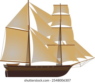 Sailing Cargo Ship in the style of Dei Gratia. Side profile of a cargo ship from the 1800s. Isolated vector illustration.