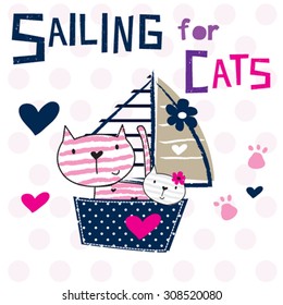 sailing for cats, cute cat cartoon, T-shirt design vector illustration