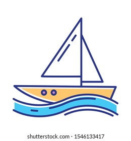 Sailing color icon. Watersport, extreme kind of sport. Yachting, swimming and navigation. Voyage, boat on ocean waves. Summer vacation activity and hobby. Isolated vector illustration