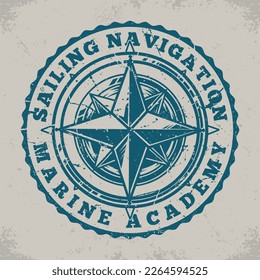 Sailing compass sticker vintage monochrome with wooden navigation device from Middle Ages for marine academy souvenirs vector illustration