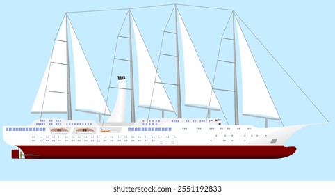 Crucero de vela. Perfil lateral de un crucero con velas. Ilustración vectorial aislada.