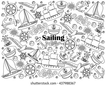 Sailing design colorless set vector illustration. Coloring book. Black and white line art