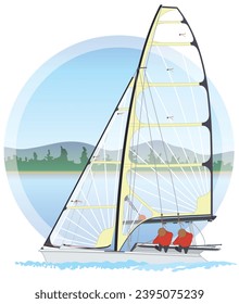 sailing, dinghy sailboat with water and sky background in a circle