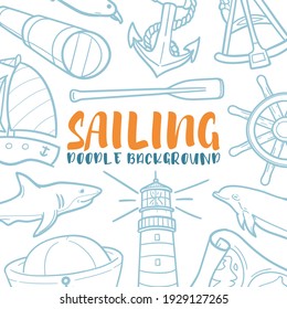 Sailing Doodle Banner Icon. Water Vector Illustration Hand Drawn Art. Line Symbols Sketch Background.