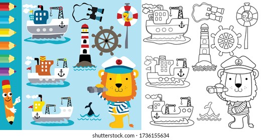 sailing elements cartoon, cargo ships with funny lion, coloring book or page