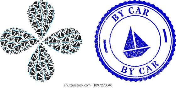 Sailing explosion flower with four petals, and blue round BY CAR rough stamp with icon inside. Element flower done from oriented sailing items. Vector flower collage in flat style.