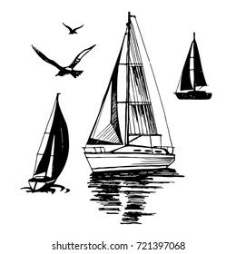 Sailing. Extreme lifestyle. Silhouette of a boat on a white background. Sea yachts. Flying seagulls. Set of vector illustrations.