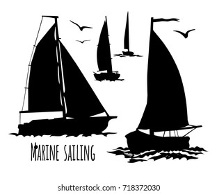 Sailing. Extreme lifestyle. Silhouette of boats on a white background. Set of vector illustrations.