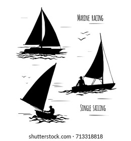 Sailing.  Extreme lifestyle.  Silhouette on white background. Set of vector illustration.