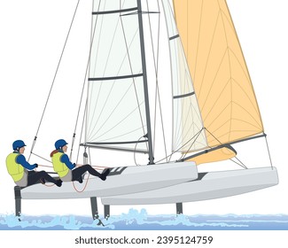 sailing female and male crew leaning out in a multihull catamaran sailboat isolated on a white background