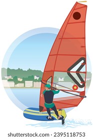 sailing female rider windsurfing on sailboard and red sail lifting out of water with background in a circle