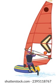 sailing female rider windsurfing on sailboard and red sail lifting out of water isolated on a white background