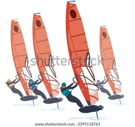 sailing female riders windsurfing in a regatta on sailboards and red sail lifting out of water isolated on a white background Foto d'archivio © 