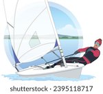 sailing female sailor leaning out in a radial dinghy sailboat with water and sky background in circle