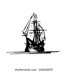 Sailing galleon ship in the ocean in ink line style. Vector hand sketched old warship. Marine theme design.