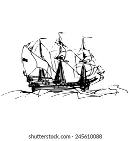 Sailing galleon ship in the ocean in ink line style. Vector hand sketched old warship. Marine theme design.