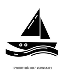 Sailing glyph icon. Watersport, extreme kind of sport. Yachting, swimming and navigation. Voyage, boat on ocean waves. Silhouette symbol. Negative space. Vector isolated illustration