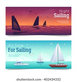 Sailing horizontal cartoon banners set with yachts and sea isolated vector illustration 