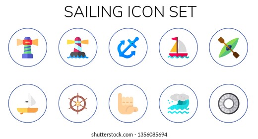 sailing icon set. 10 flat sailing icons.  Simple modern icons about  - lighthouse, windsurf, sailing boat, anchor, surfer, wave, kayak, transport