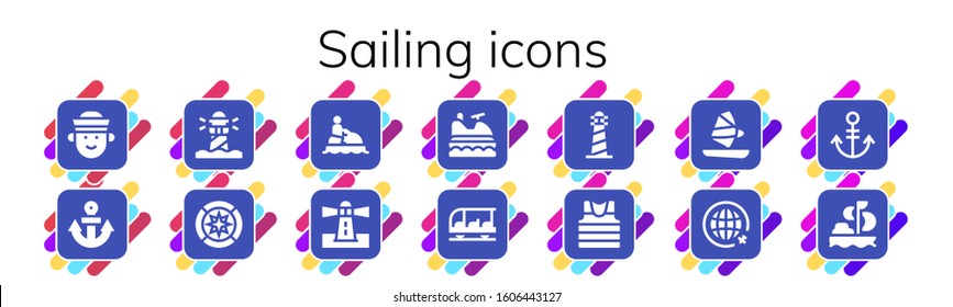 sailing icon set. 14 filled sailing icons. Included Sailor, Anchor, Lighthouse, Wind rose, Jet ski, Transportation, Windsurf, Travel, Sailing icons