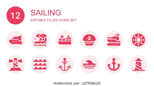 sailing icon set. Collection of 12 filled sailing icons included Yacht, Wave, Cargo ship, Sailor, Yatch, Lighthouse, Waves, Anchor, Transport