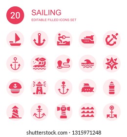 sailing icon set. Collection of 20 filled sailing icons included Sailing boat, Anchor, Water ski, Yacht, Wave, Travel, Windrose, Sailor, Lighthouse, Waves