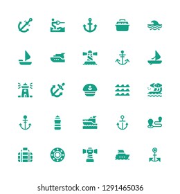 sailing icon set. Collection of 25 filled sailing icons included Anchor, Yacht, Lighthouse, Transport, Travel, Yatch, Wave, Waves, Sailor, Windsurf, Sailing boat, Water ski