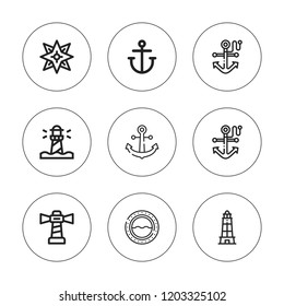 Sailing icon set. collection of 9 outline sailing icons with anchor, lighthouse, porthole icons. editable icons.